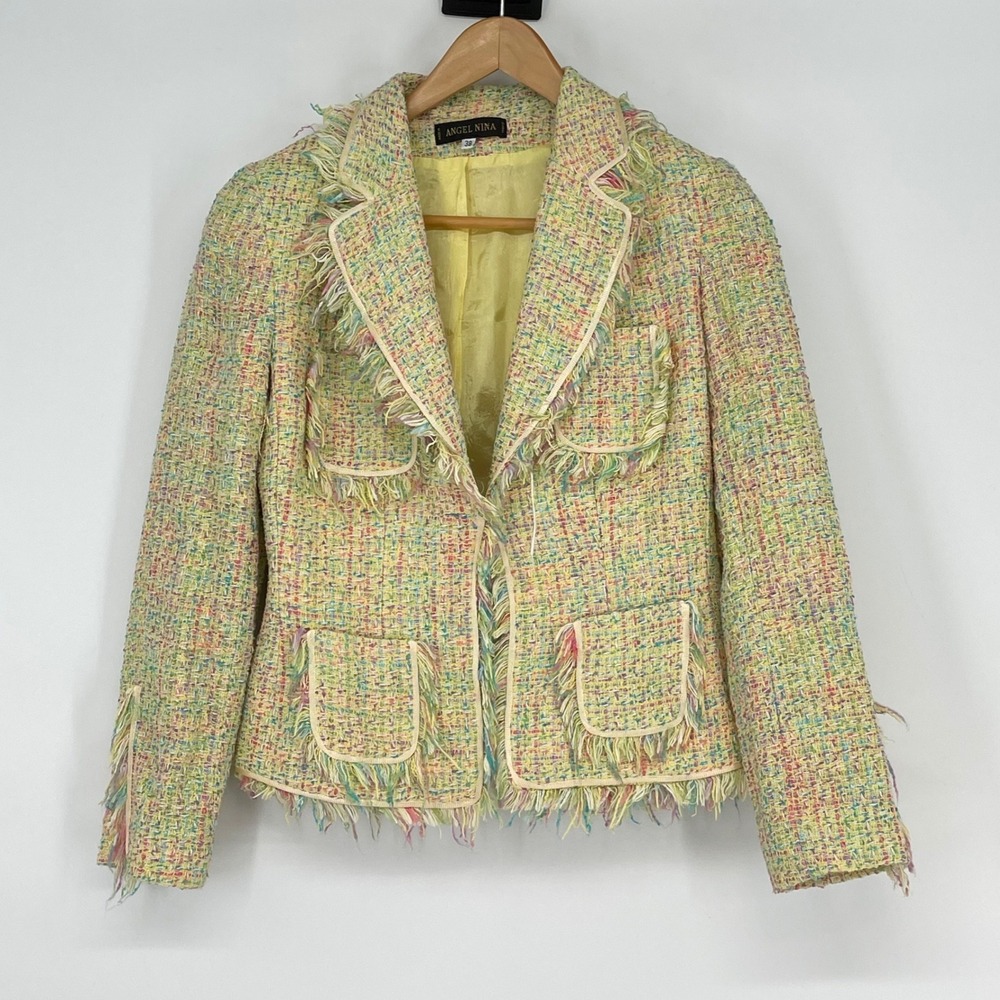 Angel Nina Tweed‎ Jacket Blazer Fringe Multi Color Yellow Size M Career Church